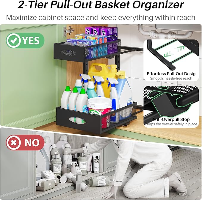 Under Sink Organizer, L-Shaped Adjustable Height, Mesh Sliding Drawer - Image 4