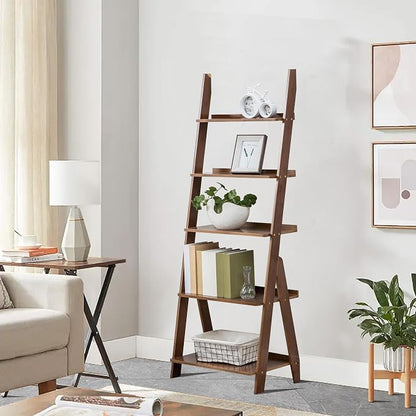 Maydear Bamboo Ladder Shelf Bookcase, 5-Tier Leaning Bookshelf Free Standing - Image 3
