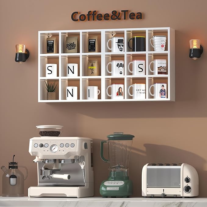 Helsin 9 Grid Vintage Coffee Mug Display Rack, 16inch Wall Mounted Wooden Curio - Image 4