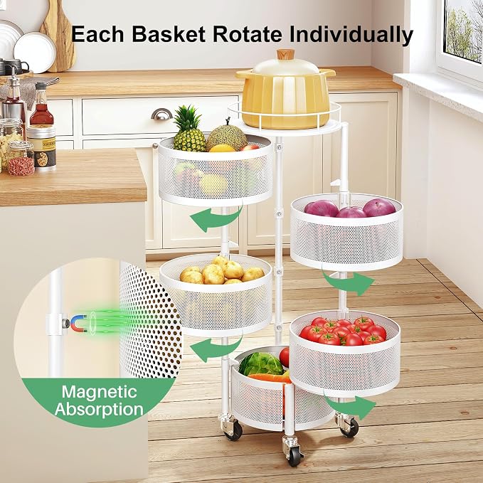 SAYZH Fruit Vegetable Basket for Kitchen, Rotating Storage Rack, 5 Tier Rolling - Image 2