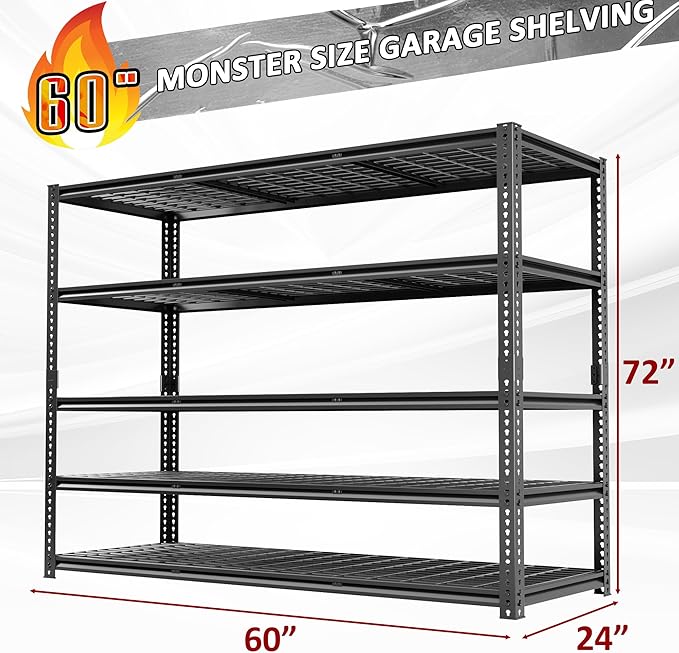 60" W Garage Shelving Heavy Duty, 5-Tier Storage Shelves, 3030LBS Adjustable - Image 2
