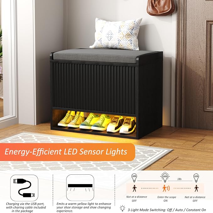 HOMEFORT 23.6" Fluted Shoe Storage Bench, Small Entryway Bench - Image 4