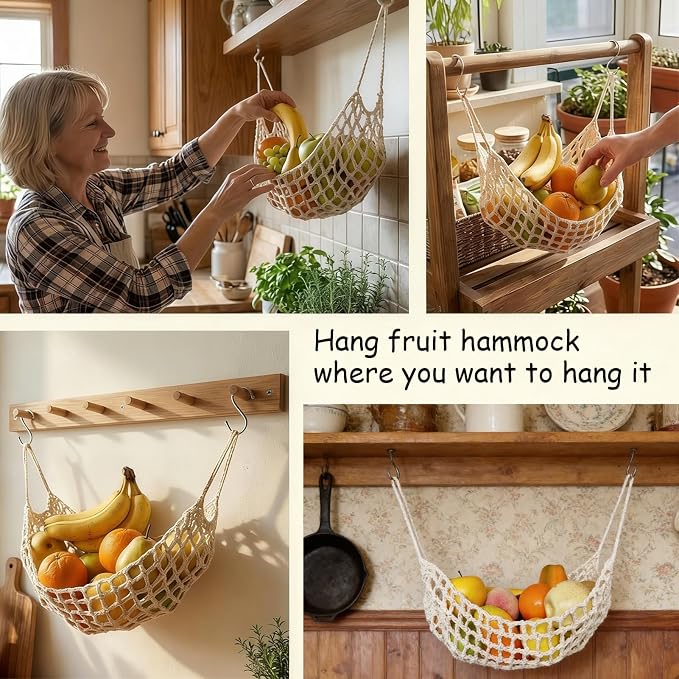 2 Pack Macrame Woven Hanging Fruit Hammock, 13×16in Beige Net | Premium Cotton - Image 6