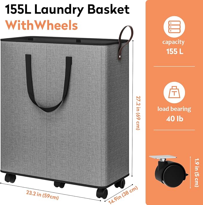SpaceTrove Laundry Basket with Wheels, Collapsible Laundry Baskets, Laundry - Image 2
