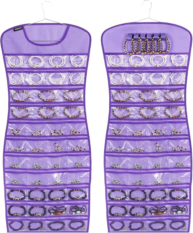 Hanging Jewelry Organizer Dual Sided 84 Clear Pockets and 6 Hook Loops Storage by ANZORG