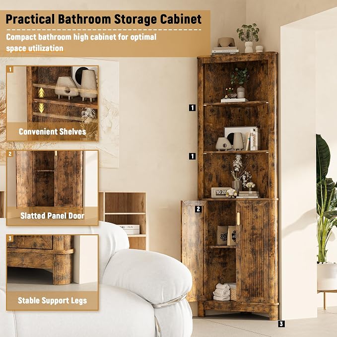 69" Tall Corner Shelf with Doors, 7-Tier Corner Storage Cabinet with Doors - Image 3