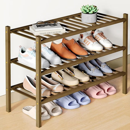 Smiry Bamboo Shoe Rack for Closet, 3 Tier Wooden Stackable Shoe Organizer by Smiry