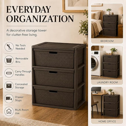 Wide 3-Drawer Plastic Storage Tower, Decorative Organizer Chest, BPA-free - Image 3