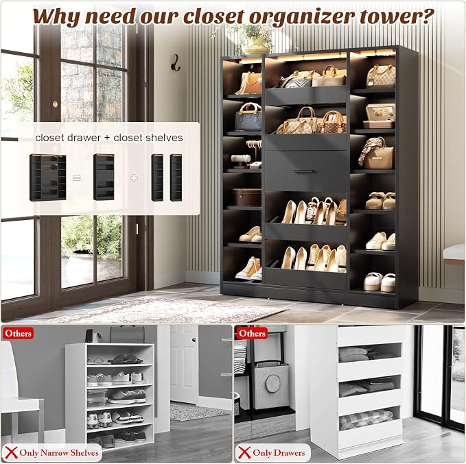 Besiost 40" Closet System with Lights, Wood Closet Organizer with 5 Drawers | - Image 3