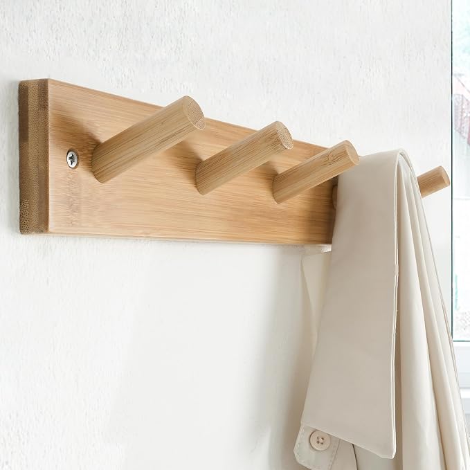 SKOLOO Wooden Wall Mounted Coat Rack, 5 Pegs Bamboo Wall Hook - Image 3