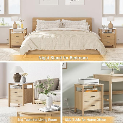 Night Stand with Charging Station, 2 Drawers End Table with Solid Round Post - Image 5