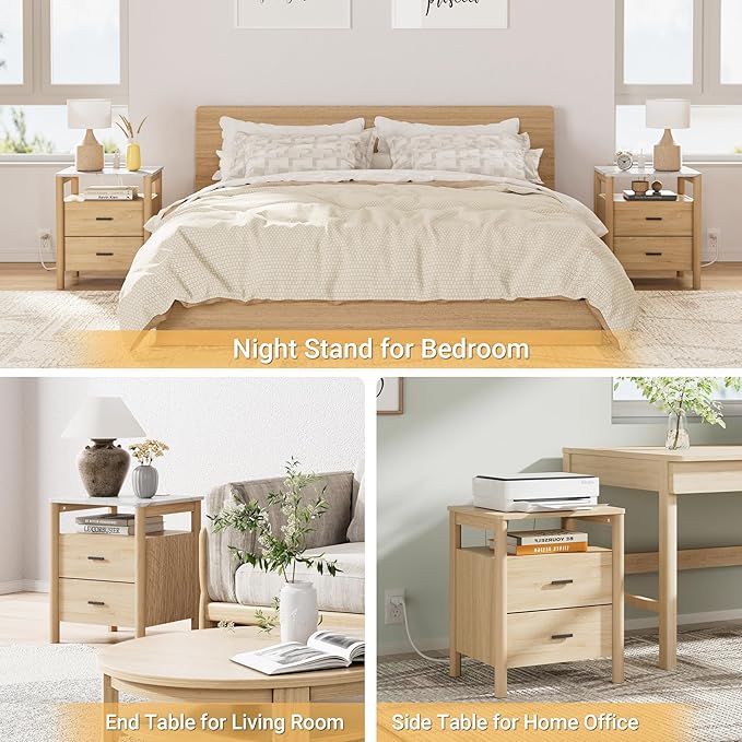 Night Stand Set of 2 with Charging Station, 2 Drawers End Table with Solid - Image 6