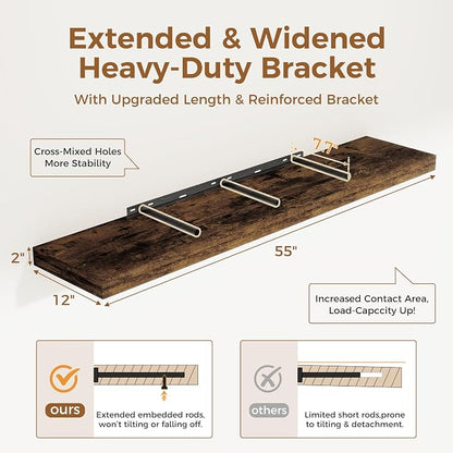 Floating Shelves 55 Inch Long, 55 x 12 Large Floating Shelf Wall Mounted - Image 2