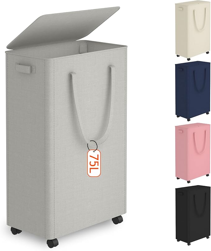 Slim Laundry Hamper with Wheels, 20 Gal Rolling Laundry Basket with lid and by Vincona
