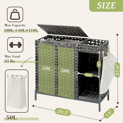 Laundry Hamper with Lid, 110L Rattan Laundry Hamper 2 Section with 50L Storage - Image 3