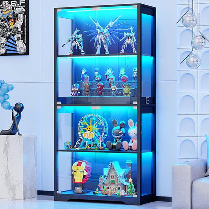 Display Cabinet with Glass Doors, 4-Tier Curio Cabinet with 3 Color Lights by BROTTAR