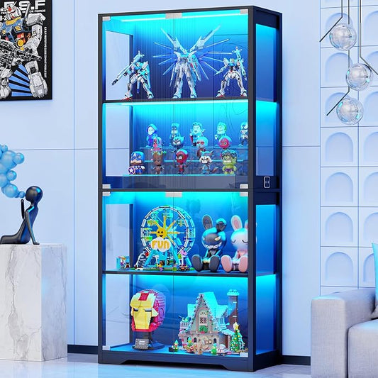 Display Cabinet with Glass Doors, 4-Tier Curio Cabinet with 3 Color Lights by BROTTAR