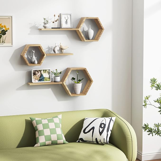 Wooden Hexagon Floating Shelves Wall Mounted - Image 3
