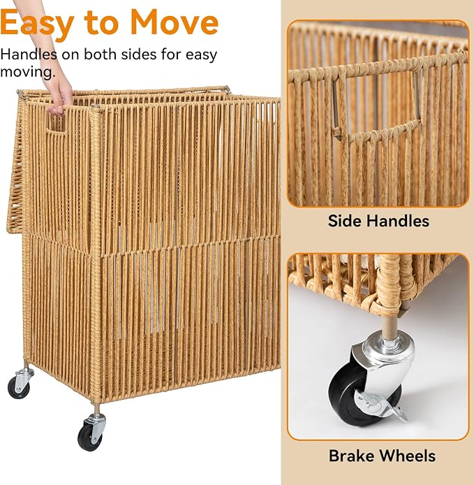 WOWLIVE Laundry Hamper with Wheels, Handwoven Rolling Laundry Basket with Lid - Image 6
