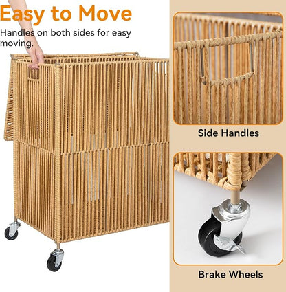 WOWLIVE Laundry Hamper with Wheels, Handwoven Rolling Laundry Basket with Lid - Image 6