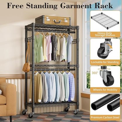 Heavy Duty Clothes Rack Rolling Garment Rack, 3 Tier Adjustable Wire Shelving - Image 5