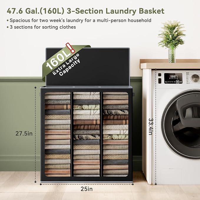 SOLEDI 160L Laundry Hamper 3 Section, Extra Large Laundry Hamper - Image 2