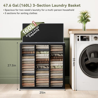 SOLEDI 160L Laundry Hamper 3 Section, Extra Large Laundry Hamper - Image 2