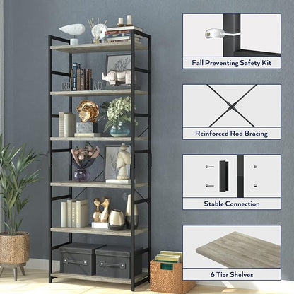 NUMENN 6 Tier Bookshelf, Tall Freestanding Open Storage Bookcase, Support Bars - Image 6