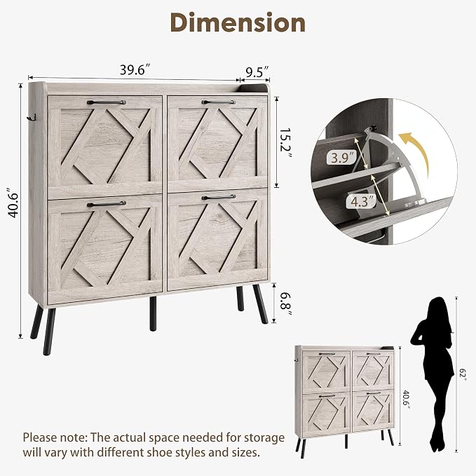 Nicetree Shoe Cabinet with 4 Flip Drawers, Freestanding Shoe Organizer Cabinet - Image 2