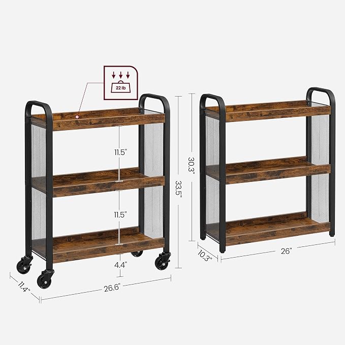 VASAGLE 3-Tier Narrow Storage Cart, Rolling Cart - Image 5