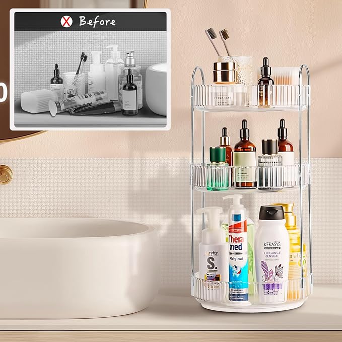 360 Rotating Makeup Organizer, 3 Tier Large Capacity Lazy Susan Bathroom - Image 2