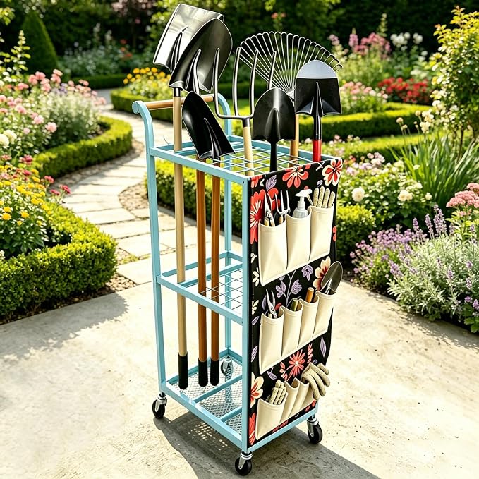 Garden Tool Organizer with Wheels 3 Tier Yard Tool Organizer Rack with Side by ANBOO
