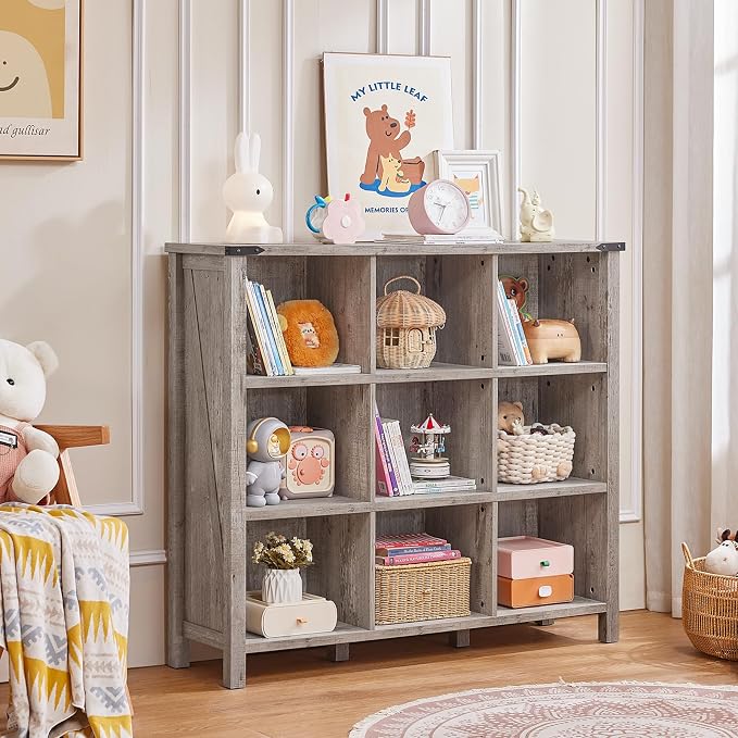 9 Cube Bookcase, Farmhouse 47 Inch Wide Grey Oak Bookshelf, Wooden 3 Tier - Image 8