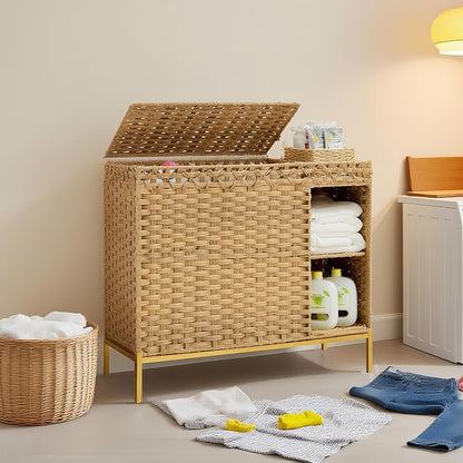 Laundry Hamper with Lid, 130L Rattan Laundry Hamper 3 Section with 50L Storage by Gitelnour
