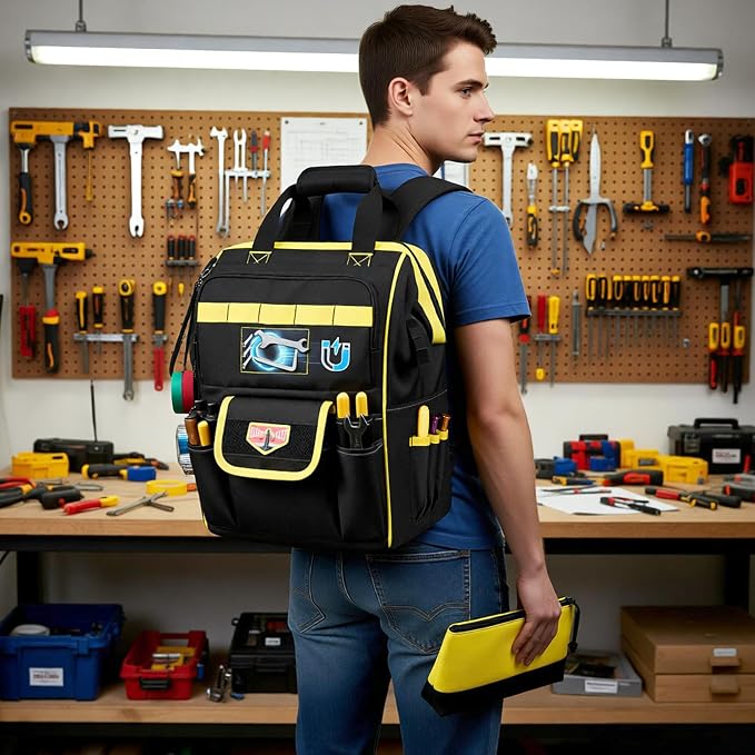 Tool Bag Backpack with Zipper Pouch and Magnetic Attraction Area, Heavy-Duty - Image 6