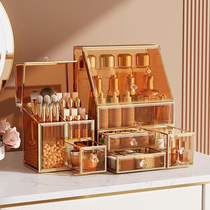 Makeup Organizer Amber, Glass Vanity Organizer by Coralhouse