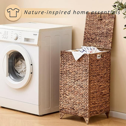 Handwoven Laundry Hamper with Lid, Natural Water Hyacinth Heightened Feet - Image 8