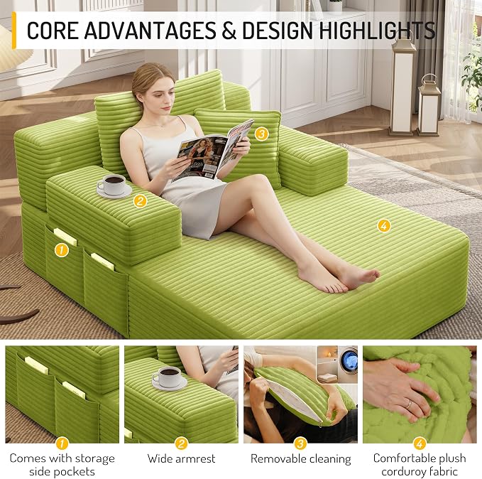 2-in-1 Convertible Chaise Lounge Indoor, 60.2" Corduroy Upholstered Chaise - Image 5