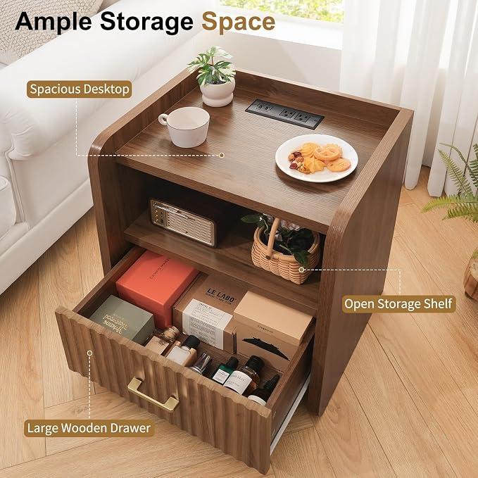 Night Stand with Charger Station, Fluted Wood Nightstand with Drawer Storage - Image 7