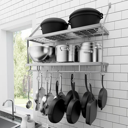 KES 30-Inch Silver Gray Pot Rack Wall Mounted, 2-Tier Hanging Pot and Pan by KES