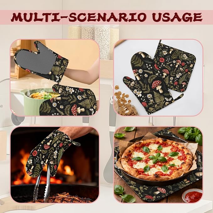 Mushroom Heat-Resistant Silicone Oven Mitts and Pot Holders, Herb Plant Berry - Image 6