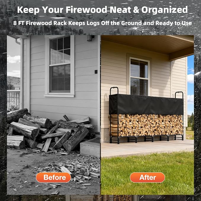 8FT Firewood Rack with Cover Outdoor, Heavy Duty Wood Storage Rack with 600D - Image 2