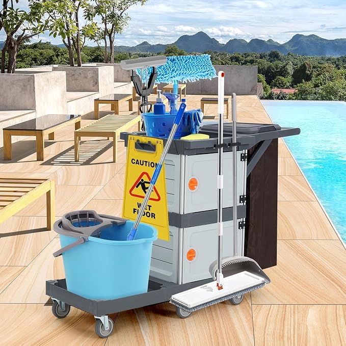 Commercial Janitorial Cleaning Cart: 3 Shelves + 2 Cabinets + Oxford Bag + Cover - Image 8