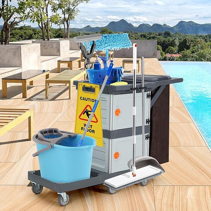 Commercial Janitorial Cleaning Cart: 3 Shelves + 2 Cabinets + Oxford Bag + Cover - Image 8