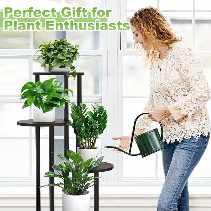 5 Tier Wood Tall Plant Stand Metal Rack Indoor, Round Planter Shelf Display - Image 4