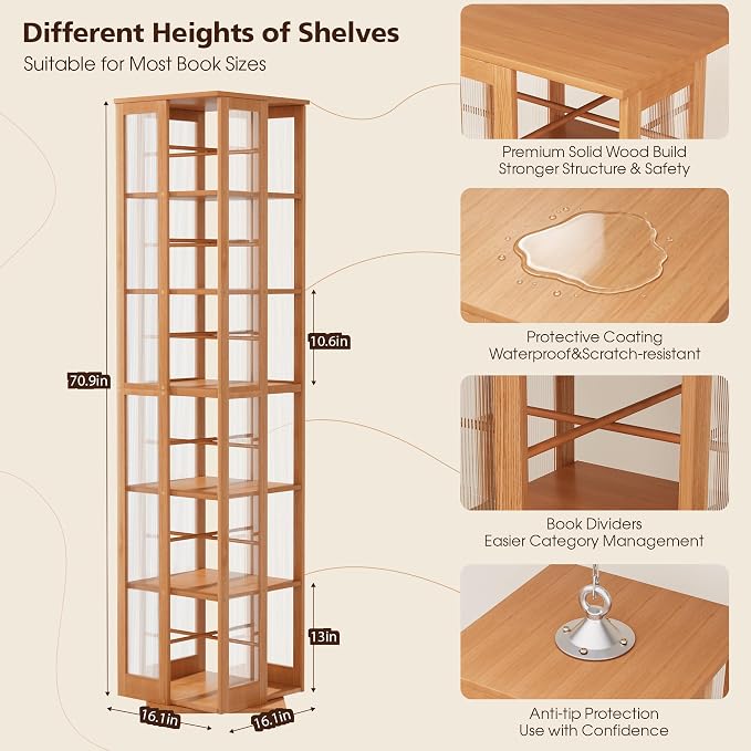 Rotating Bookshelf Tower 6-Tier, Space Saving Spinning Bookcase, Tall Narrow - Image 6