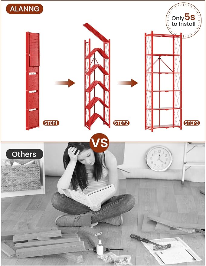ALANNG 73.6 Inch Folding Bookshelf, 6 Tier Metal Bookcase and Bookshelves | - Image 4