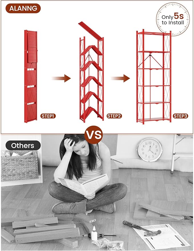 ALANNG 73.6 Inch Folding Bookshelf, 6 Tier Metal Bookcase and Bookshelves | - Image 4