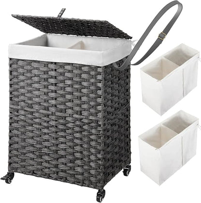 Greenstell Laundry Hamper with Wheels, No Install Needed, 90L Divided Handwoven by Greenstell