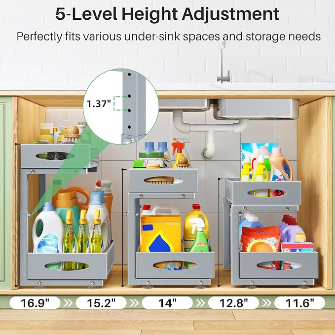 Under Sink Organizer, 2 Pack 2 Tier Pull out Cabinet Organizer Baskets - Image 4